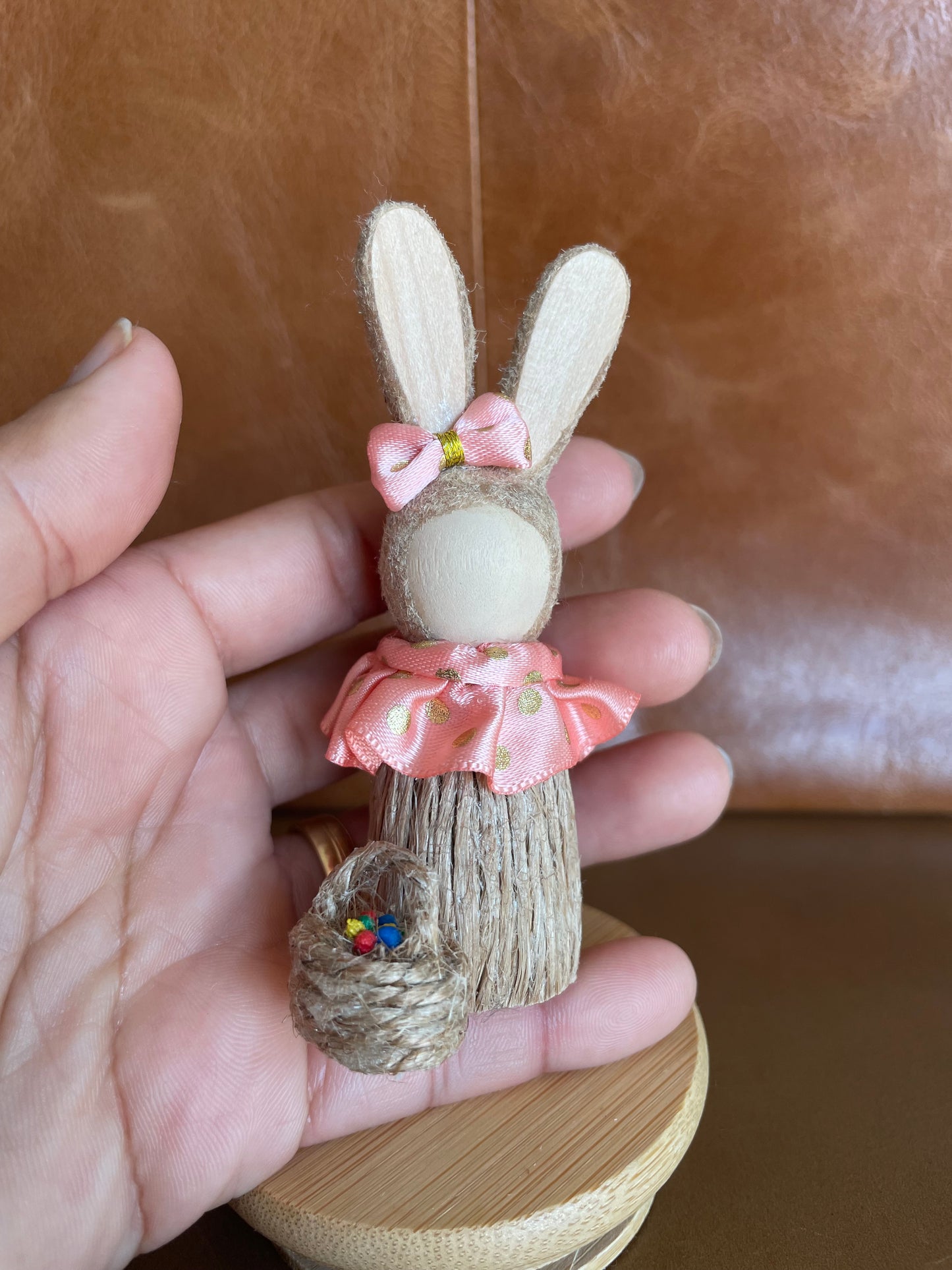 Handmade Bunny Figure with Basket – Mini Easter Decoration
