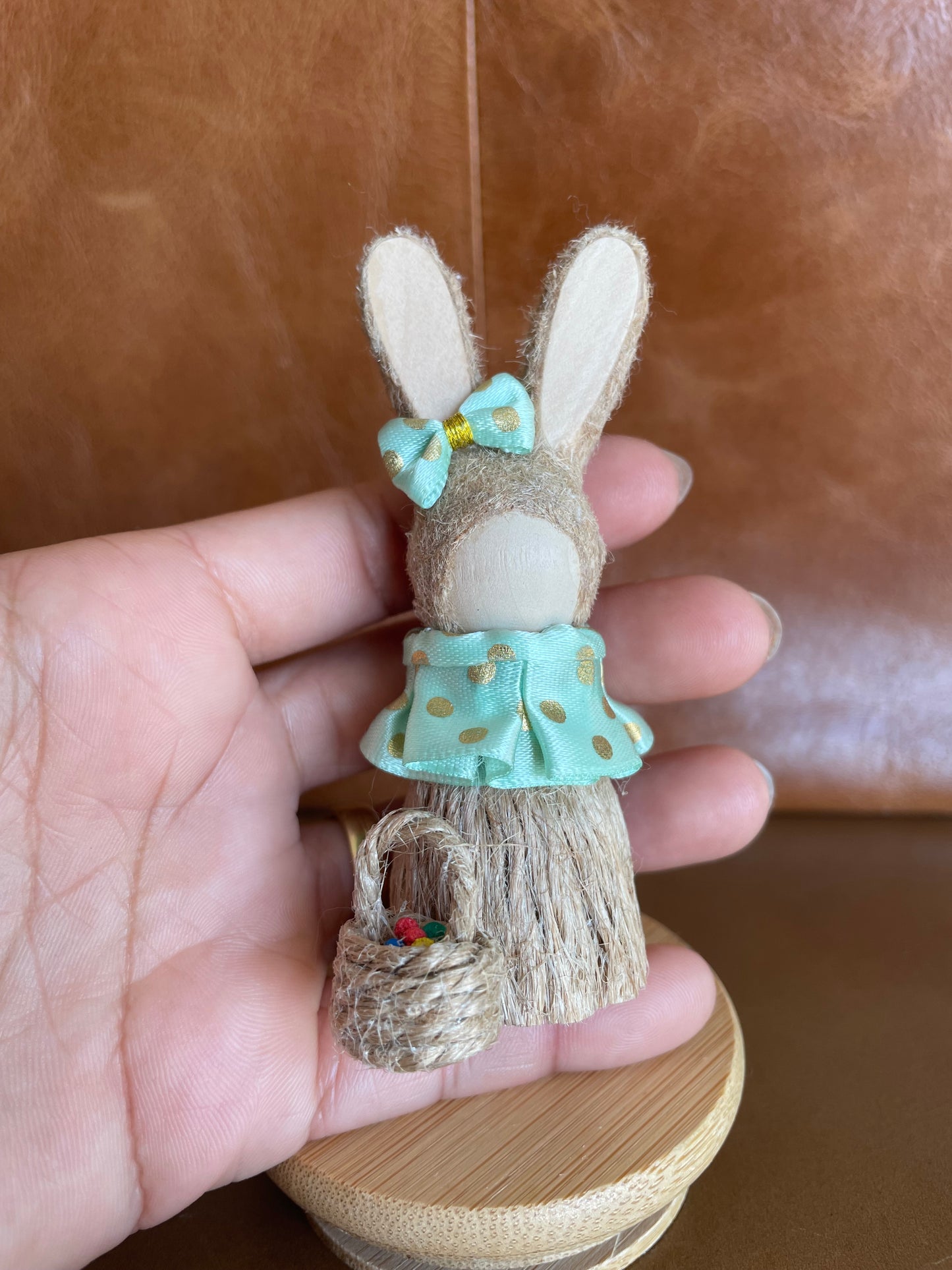 Handmade Bunny Figure with Basket – Mini Easter Decoration