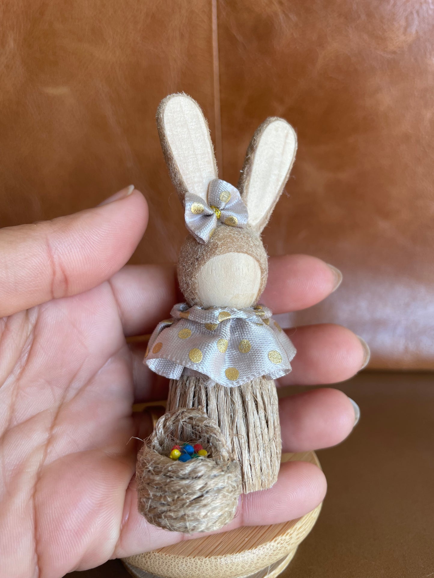 Handmade Bunny Figure with Basket – Mini Easter Decoration