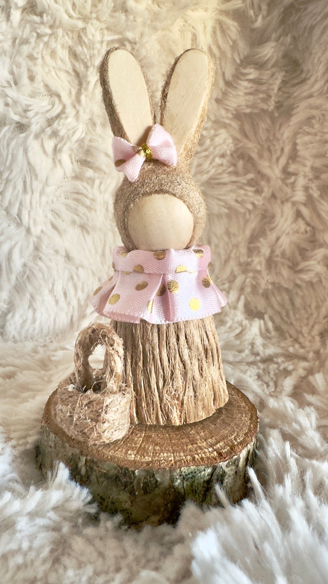 Handmade Bunny Figure with Basket – Mini Easter Decoration