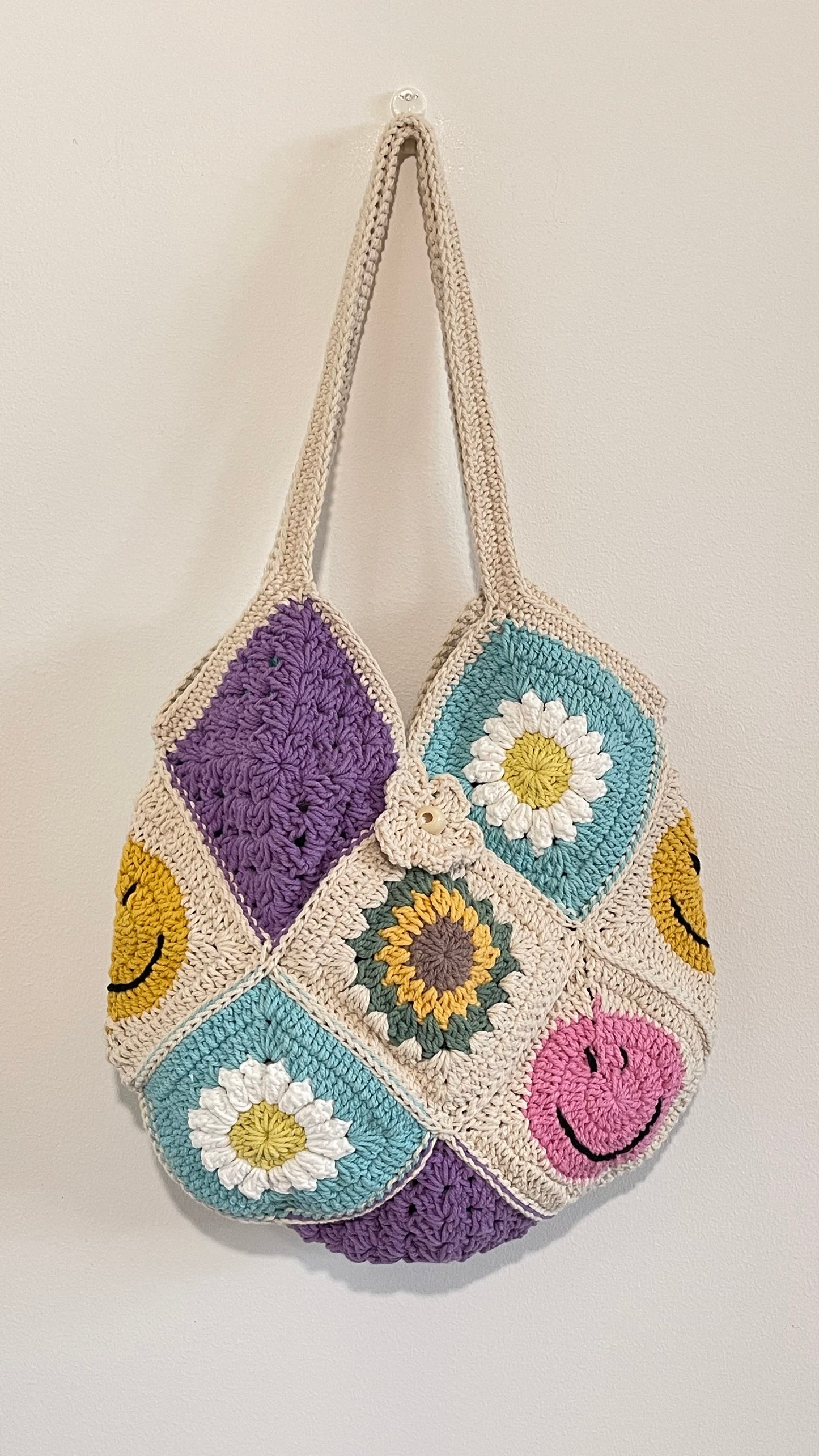 ✨ Handmade Floral & Smiley Granny Square Tote Bag – One of a Kind ✨
