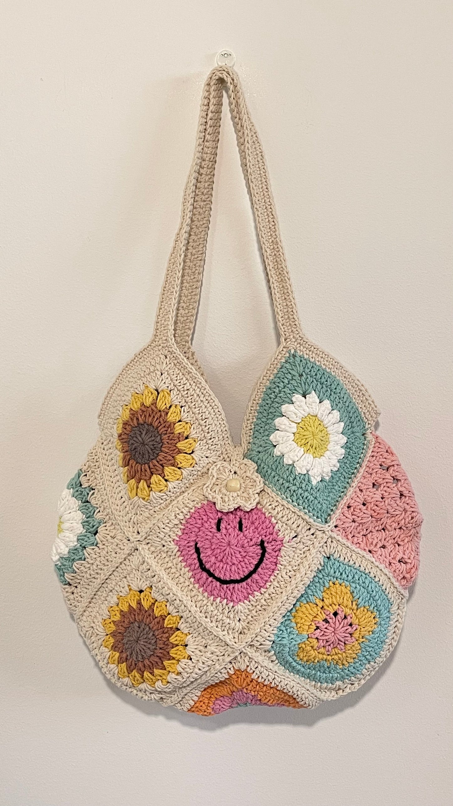 ✨ Handmade Floral & Smiley Granny Square Tote Bag – One of a Kind ✨