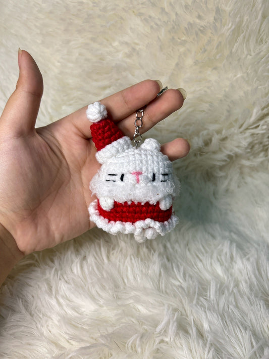 Handmade Crochet Santa Cat Keychain 🐱🎅
